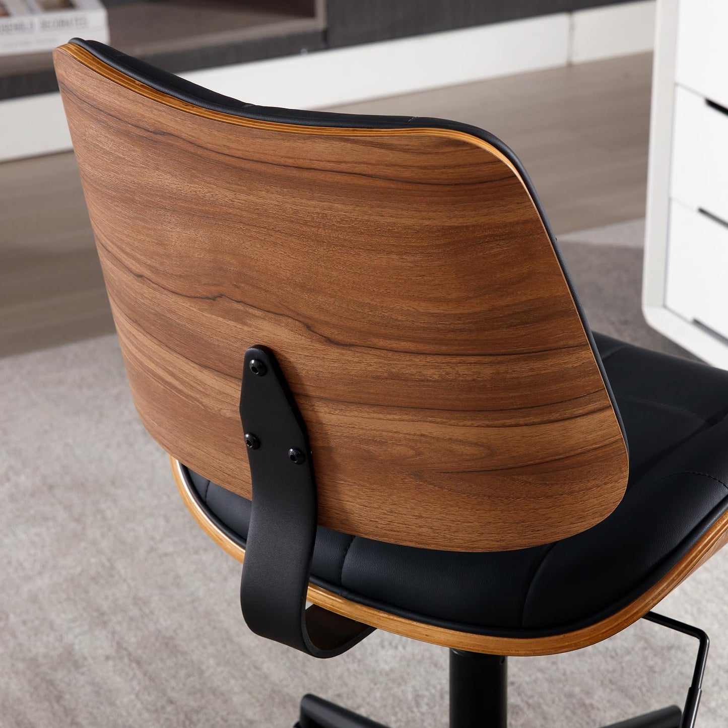 BERYTH Home Office Desk Chair with Wheels, Adjustable Height Armless Office Chair, PU Leather Mid Back 360° Small Computer Chair, Modern Walnut Chair No Arms for Office, Reading Meeting Room(Black)