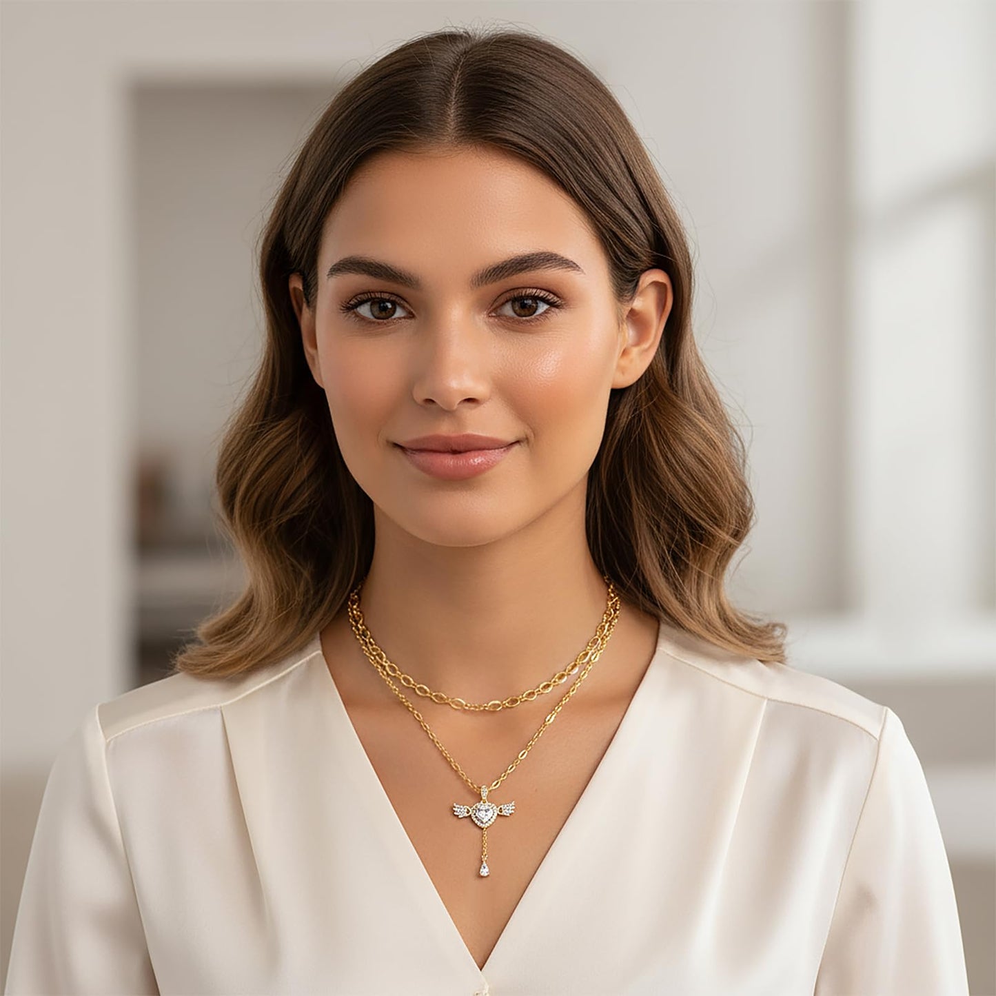 MEIITRUE Heart Necklace for Women Trendy,14k Gold Plated Dainty Layered Necklaces Set Cubic Zirconia Love Drop Pendant with Movable Wings Personalized Choker Chain Jewelry Gift White