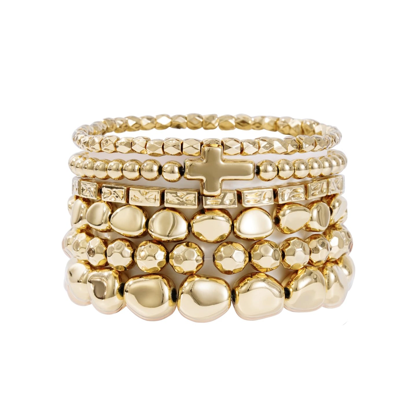Sajidos Gold Plated Beaded Bracelets for Women Trendy, 14K Gold Plated Stack Cross Pearl Bead Stretch Bracelets Set Elastic Hypoallergenic Bracelets Jewelry Gifts (style15)