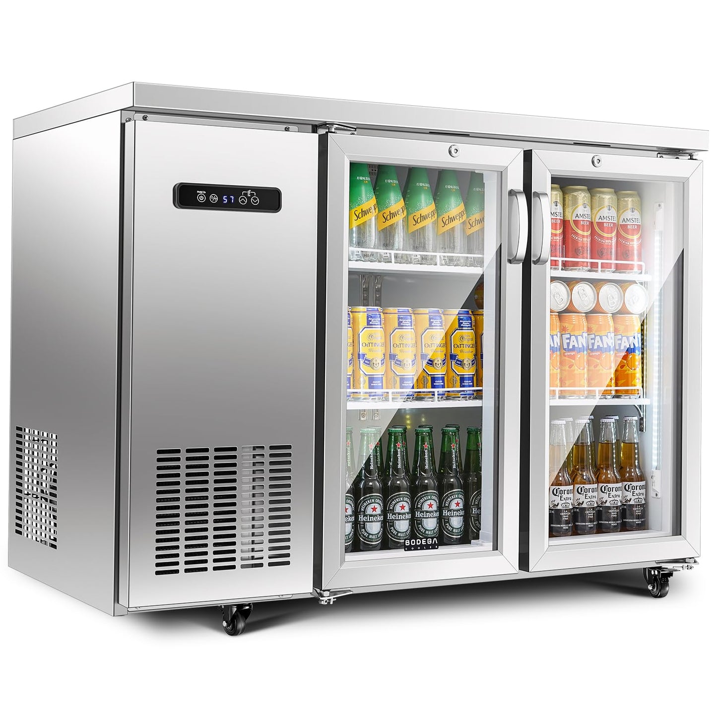 BODEGACOOLER Commercial Cooler with 2 Glass Doors,12 Cu.Ft Stainless Steel Counter Height Back Bar Refrigerator,Display Drink Beverage Fridge for Soda LED Lighting, SUS 304 Stainless Steel Exterior