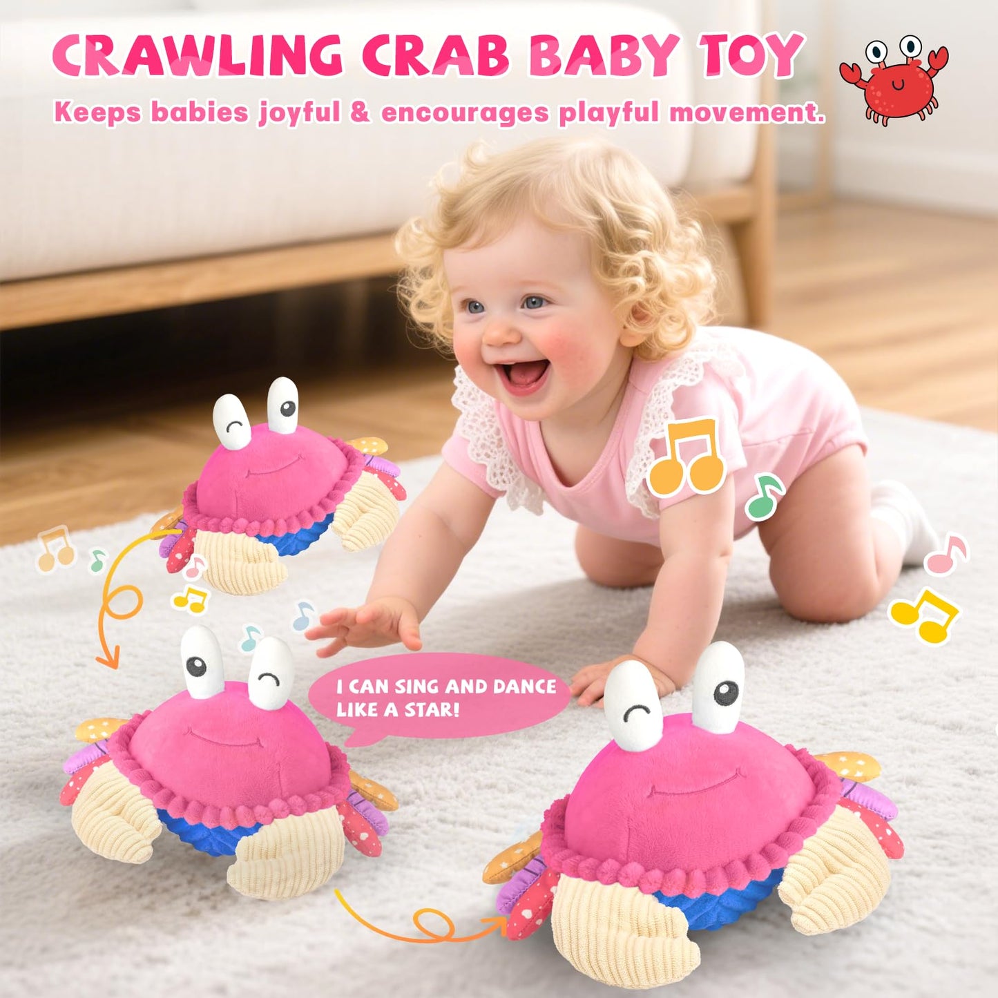 SAIMAND Pink Crawling Crab Baby Toy - Rechargeable Musical Plush Toys with 40 Songs & Voice Recorder, Sensory Toy for Infant Tummy Time, Soft Toy for 12-18 Months Girl, Gift for Toddlers 1-3