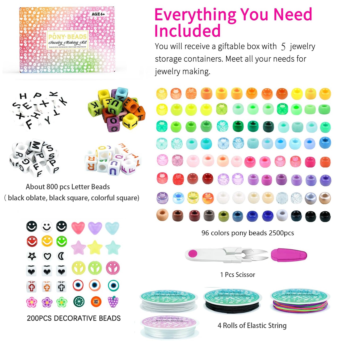 5 Boxes Bracelet Making Kit Pony Beads, 96 Colors 3500Pcs Kandi Beads for Bracelets with 800Pcs Letter Bead Friendship Bracelet Rave Accessories Craft Kits for Kids Adults Keychain Jewelry Making