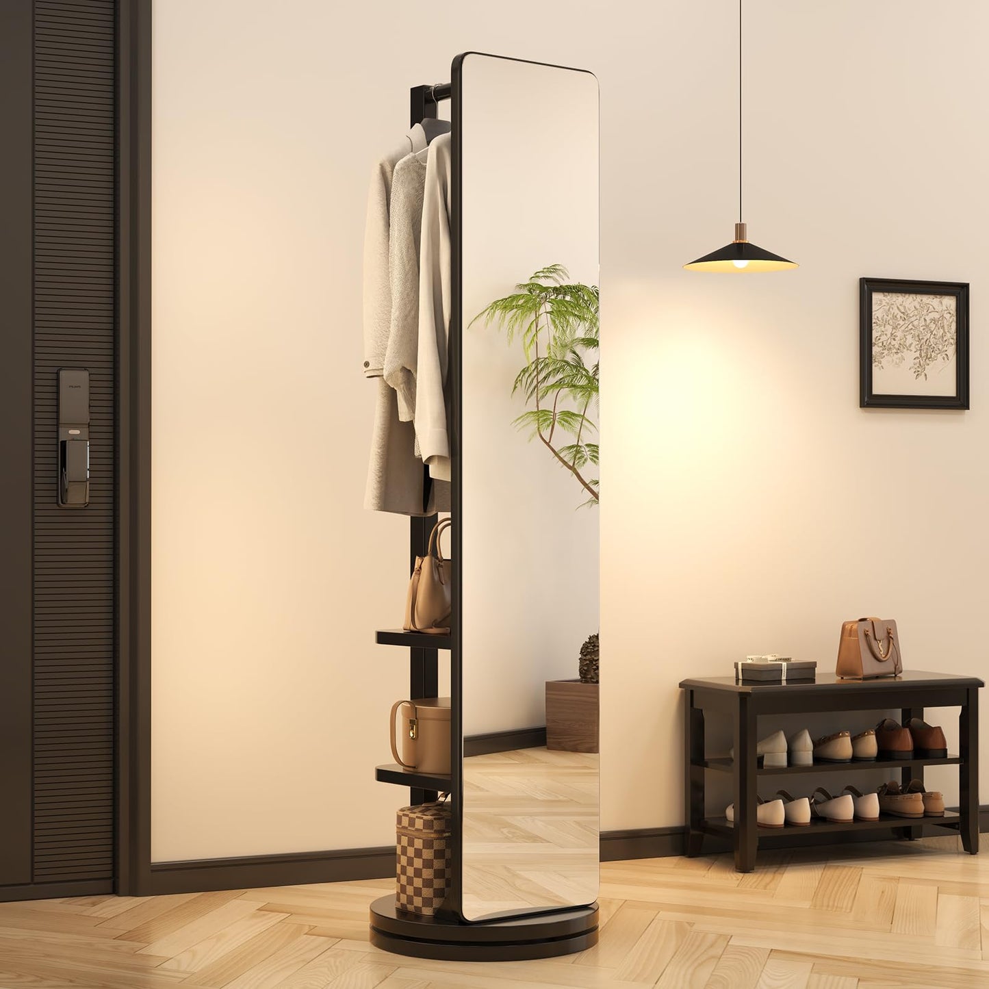 AnywaysWood Full Length Mirror with Stand,Mirror Coat Rack,65.7 ''×15.8 ''Floor Mirror for Bedroom, Living Room, Dressing Room (Black)