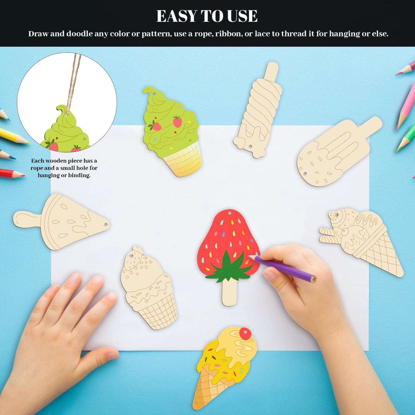 Subacy 80 PCS Unfinished Wood Cutouts 8 Styles DIY Wooden Spring Ornaments, Wooden Art Craft Painting Kit for Kids, Birthday Easter Creativity Arts & Crafts, Ice Cream Shape