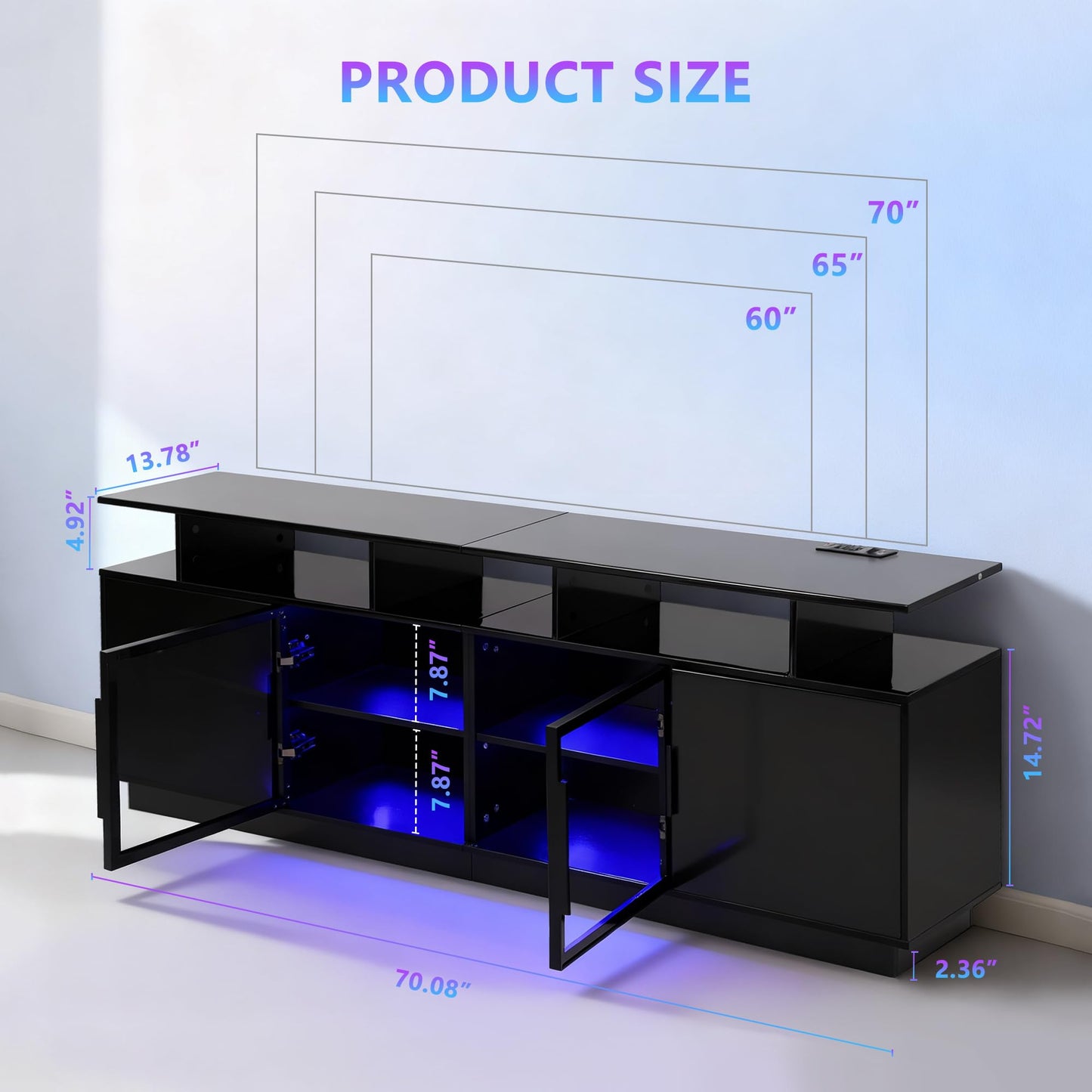 ansefe 70 Inch Black TV Stand with LED Lights, Power Strips, and USB Charging Station for Mobile Phones, Transparent Glass Door Storage Cabinet, Entertainment Center with Large Storage Space