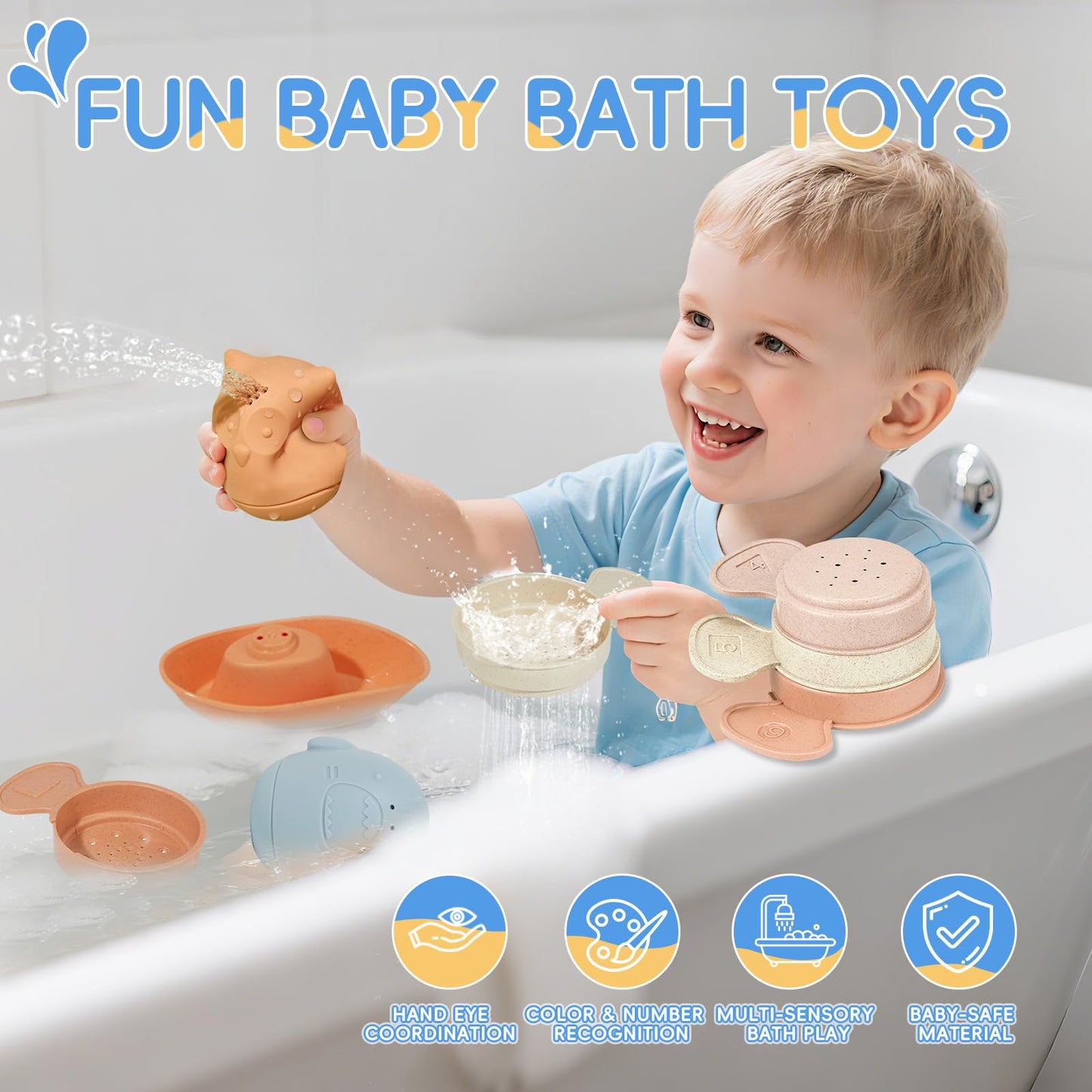 Silicone Color and Shape Sorting & Stacking Toys & 16PCS Baby Bath Toys