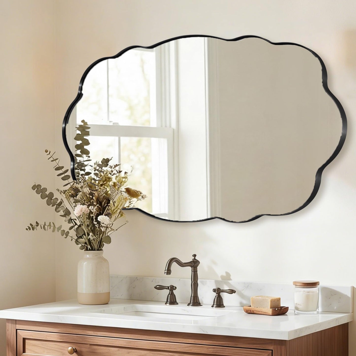 ANDY STAR Matte Black Scalloped Wall Mirror -30x48 Bathroom Vanity Mirror for Vanity, Living Room & Entryway, Anti Rust Stainless Steel MetalWall Mount Horizontal or Vertical