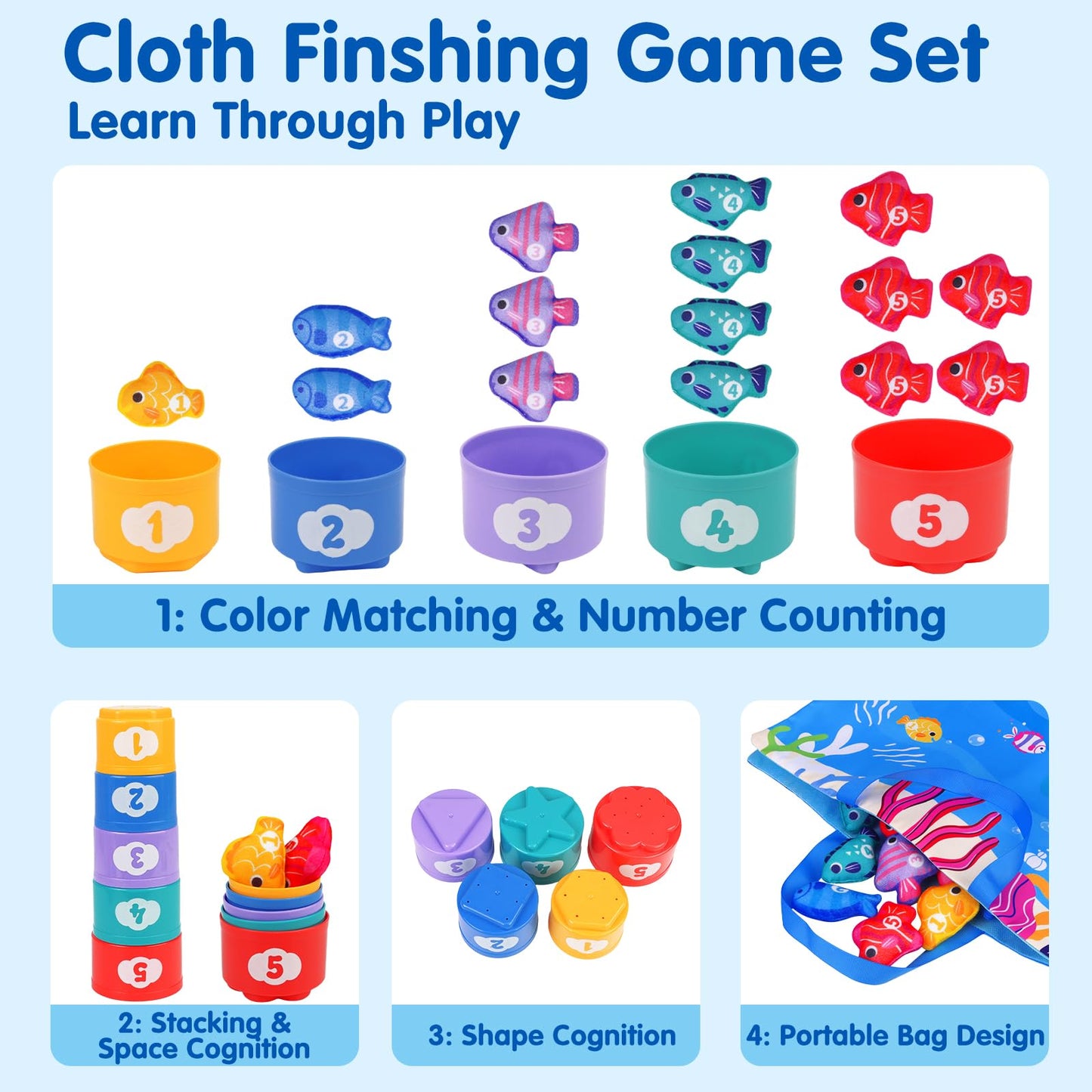 Arovan Montessori Toys for 1 Year Old - Cloth Fishing Game with Stacking Cups Toddler Toys for One Year Old Boy Girl First Birthday Gift - Sorting Learning Baby Toy 12-18 Months 1 2 Year Old
