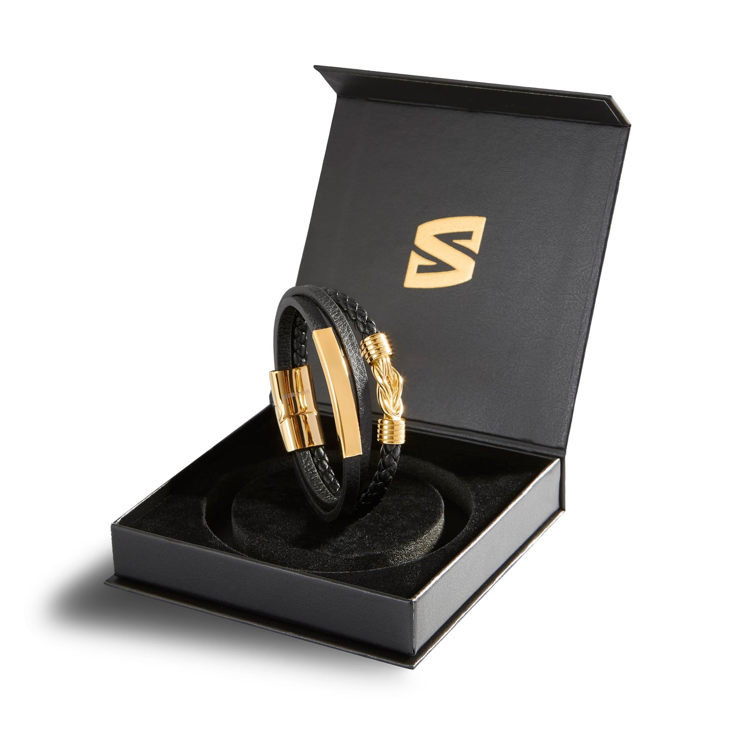 SERASAR Pulseras para hombre Caja de regalo oro 23cm Piel vacuno trenzada cuero genuino Cierre magnético ajustable joyería múltiples capas Hombres