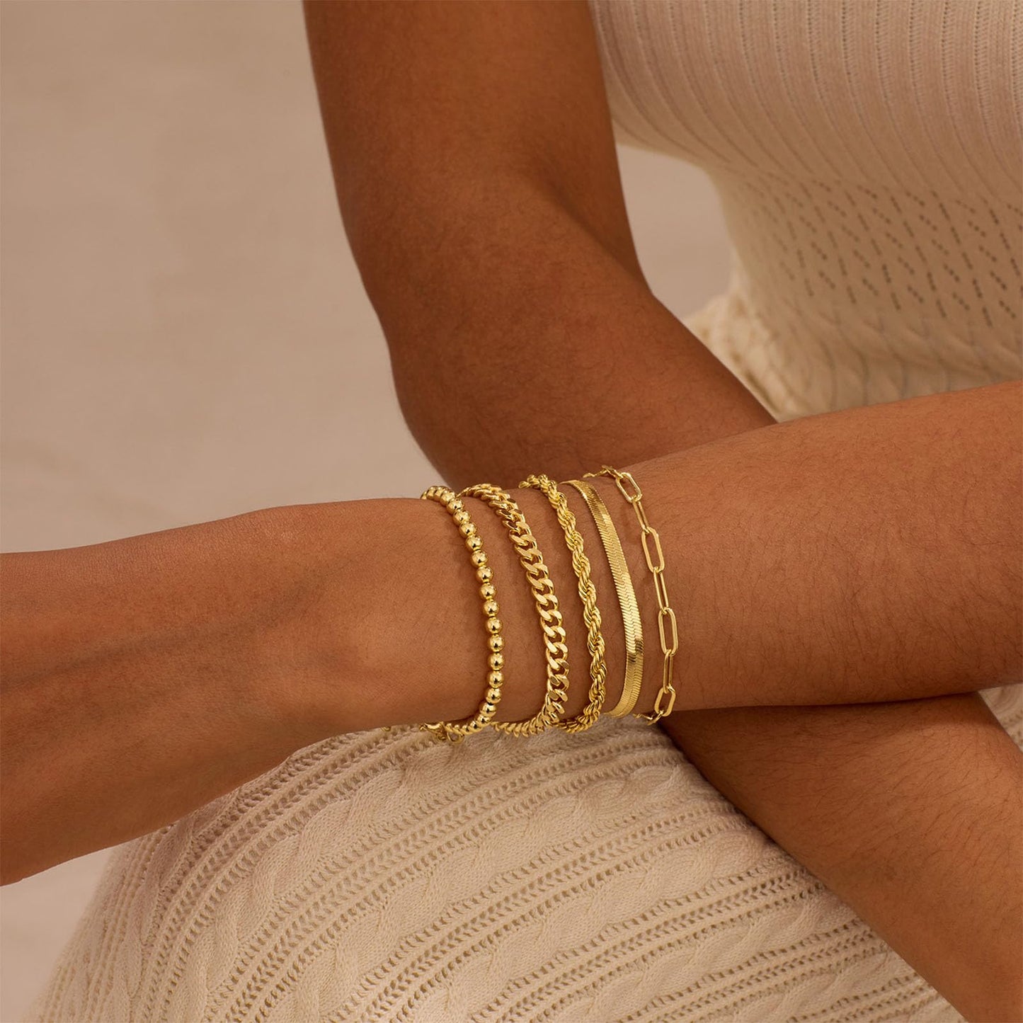 Gold Bracelets for Women, Dainty 14K Gold Plated Bracelet Stack for Women Trendy CZ Tennis Paperclip Cuban Chain Stackable Adjustable Waterproof Link Bracelet Jewelry Set Fashion Accessories Gifts