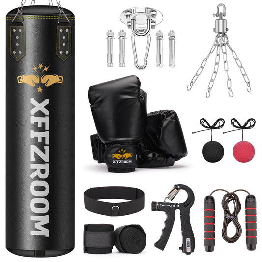 xffzroom Punching Bag for Adults, 4ft PU Leather 6 in 1 Heavy Boxing Bag Set, Punching Bag with 12oz Boxing Gloves, Hand Wraps, Hanging Bag for MMA Karate Kickboxing Muay Thai Boxing Home - Unfilled