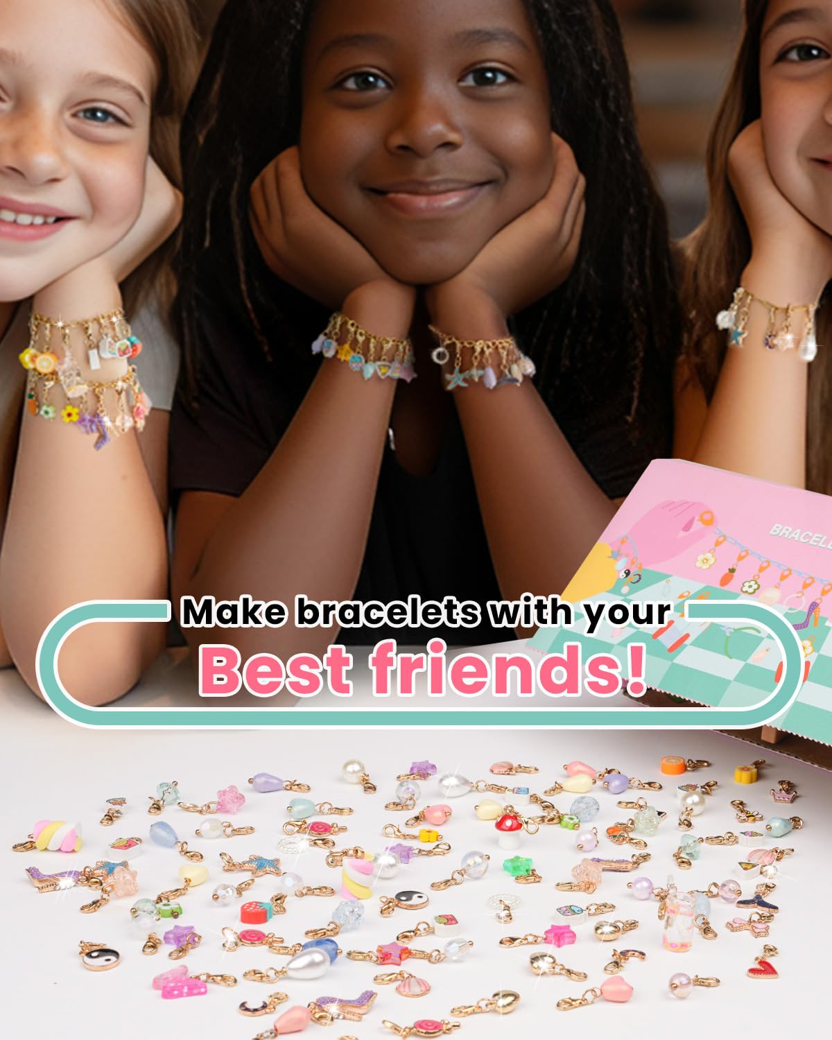 Deinduser Charm Bracelet Making Kit for Girls, Clip on Charms Kit for Bracelets, Charms for Bracelets with Clasp, Chain Bracelet Set for Girls, Ages 5-12