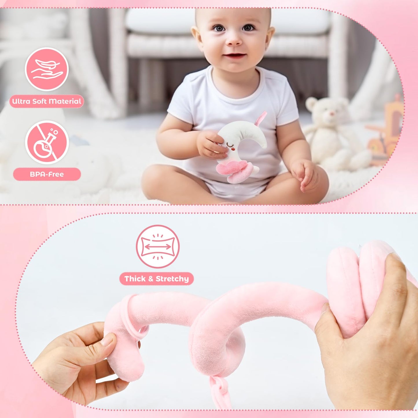 Yierchoo Spiral Car Seat & Stroller Activity Toy, Crib Hanging Rattles Toys for Ages 0-12 Months, Mirror, Textured Ribbons, Squeaky Carseat Stroller Toys, Newborn Baby Girl Gifts