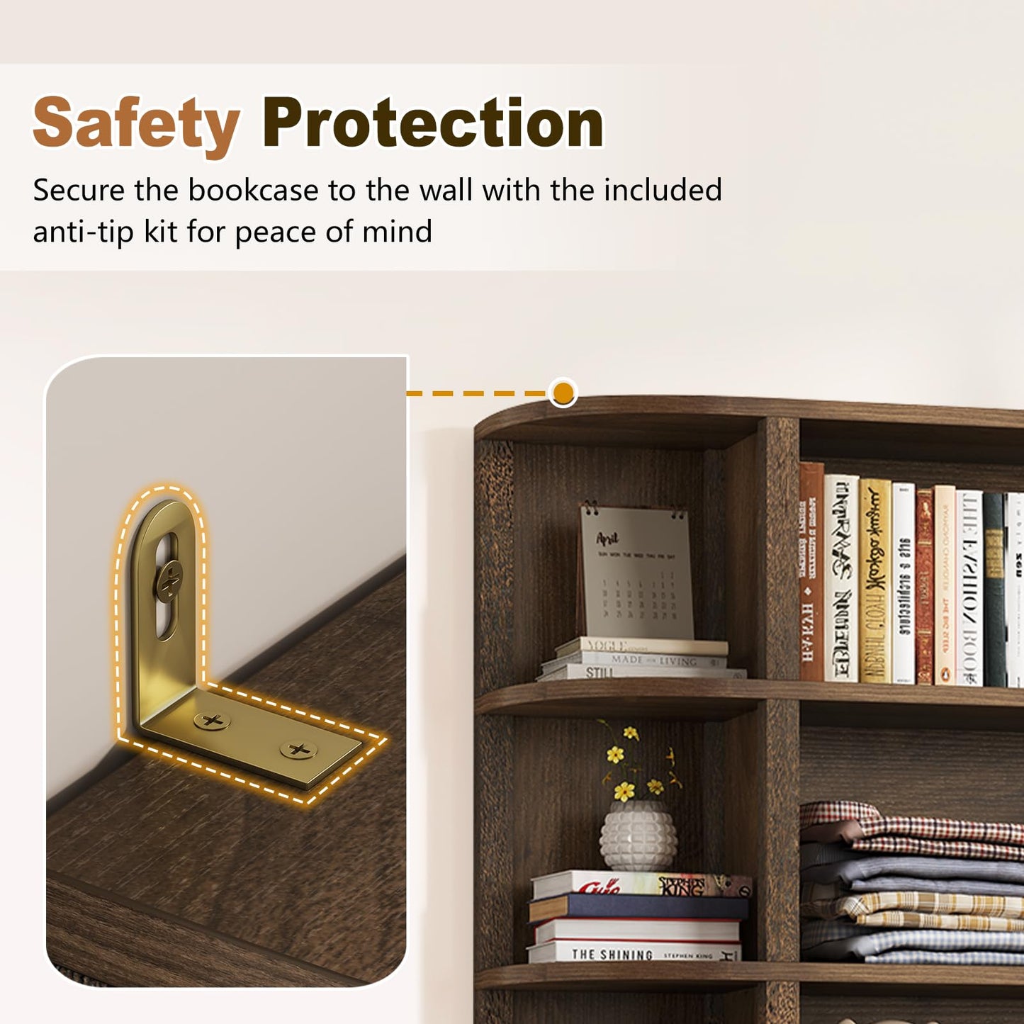 TVU 5-Tier Wood Book Shelf, 47" Wide Large Bookshelf and Bookcase, 62" Tall Bookshelf with Curved Side Shelves, Freestanding Wood Display Book Shelves for Living Room, Home Office, Walnut