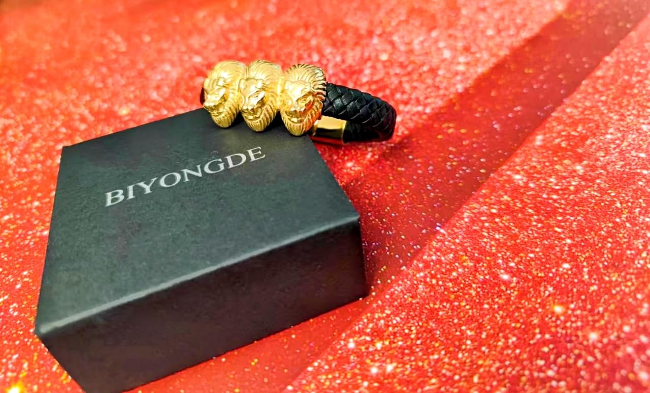 BIYONGDE Mens Black and Gold Lion Bracelet, Braided Black Leather with Gold Color 3 Lion Heads, Stainless Steel Leo ID Identification Bracelet, Masculine and Chunky