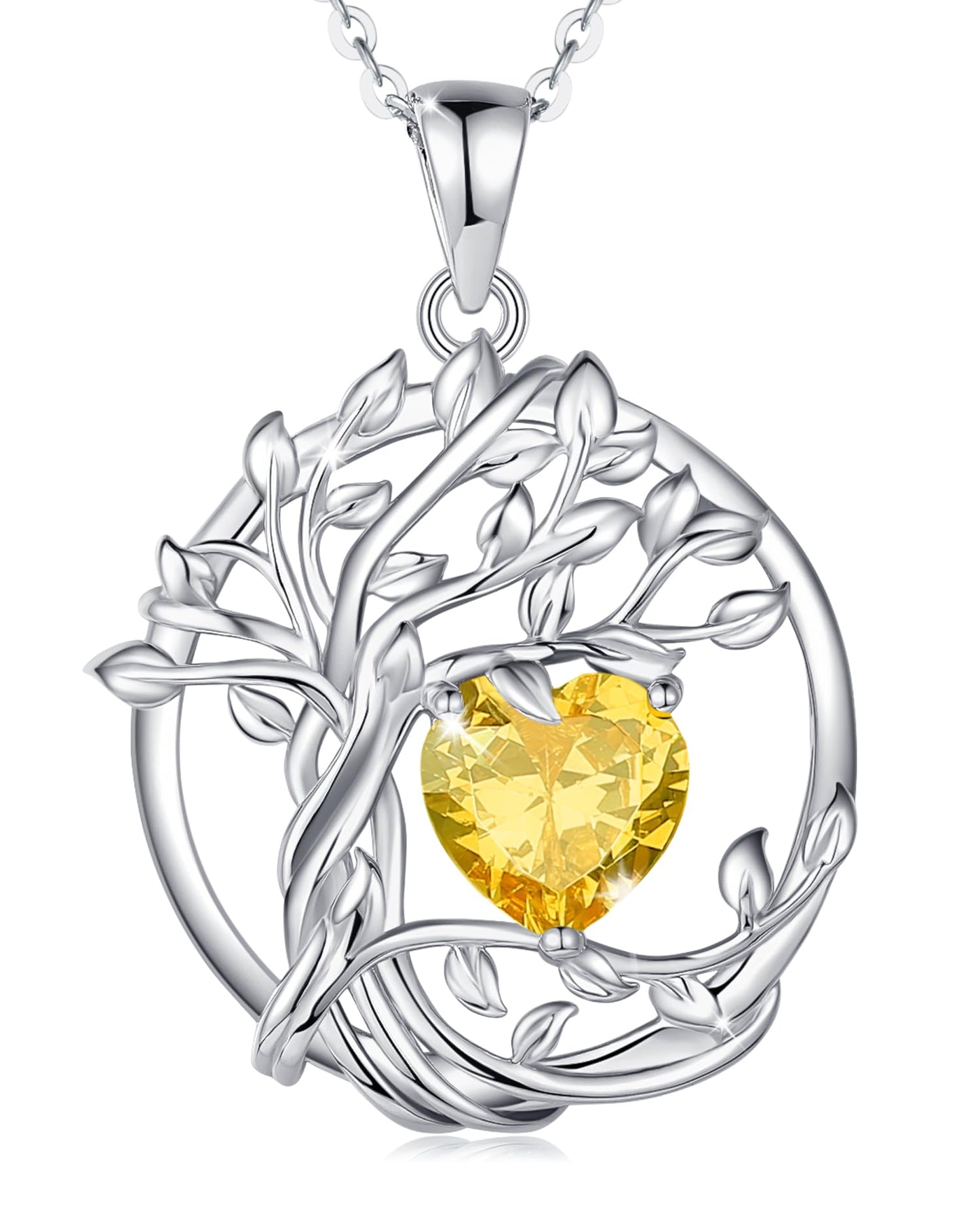 FANCIME Tree of life November Birthstone Necklace for Women Sterling Silver Tree Jewelry Natural Citrine Pendant Yellow Topaz Gemstone Anniversary Birthday Christmas Gifts for Wife Mom Her