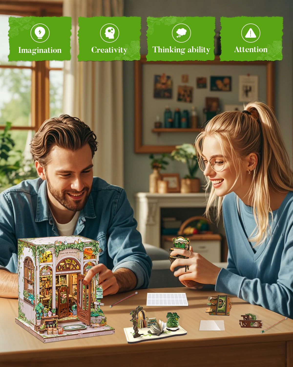 Cutefun Book Nook Kit - DIY Miniature Dollhouse Booknook Kit for Adults and Teens, 3D Wooden Puzzle Bookshelf Insert Decor with LED Light, Gifts for Book Lovers and Beginners (Green Life Bookshop)