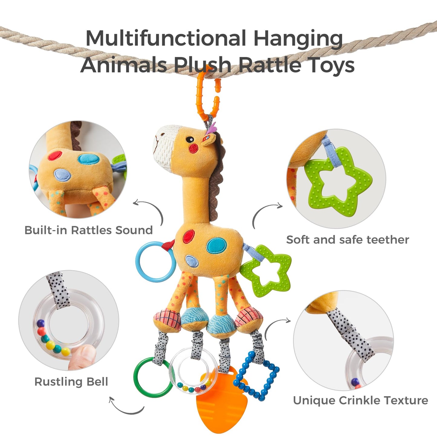TUMAMA Giraffe Hanging Rattle Toys, Soft Baby Hanging Toys with Wind Chimes, Stroller Car Seat Crib Plush Animal Activity Toy Gift for Newborn Toddlers 0,3,6,9,12,36 Month