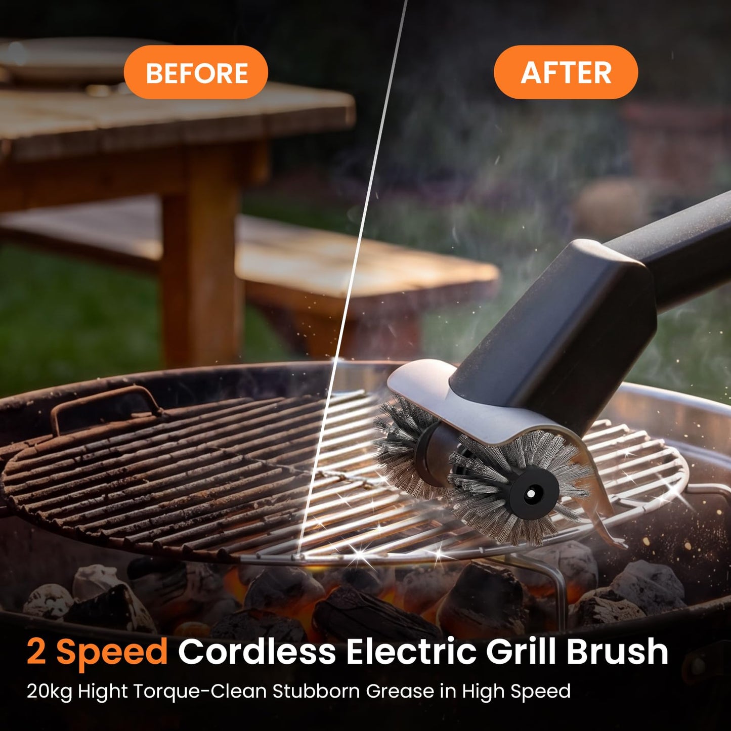 Rechargeable Electric BBQ Grill Brush, 2600mAh Battery, 2-Speed Power, LED Light, 100 Mins Long Runtime, 304 Stainless Steel Heat Resistant Grill Cleaner for Outdoor Camping & Grilling