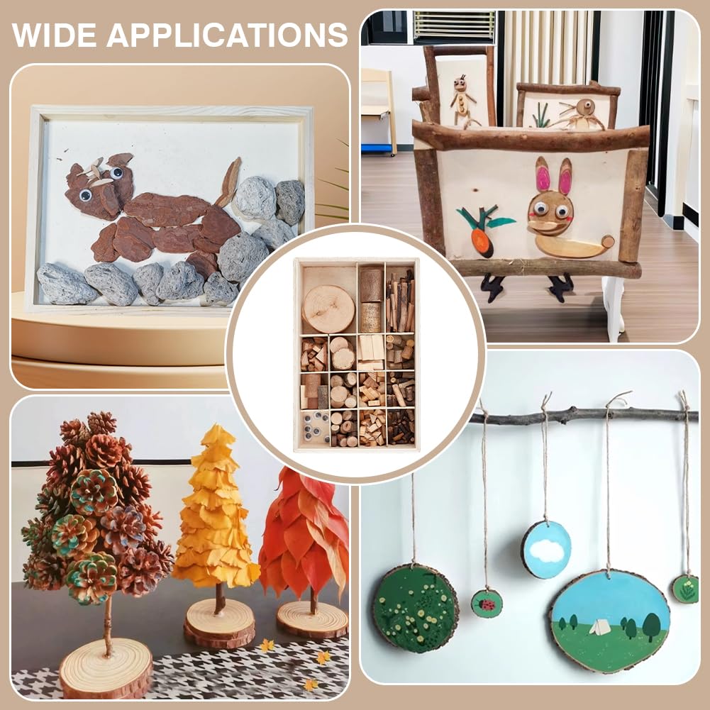PH PandaHall Wooden Unfinished Craft Kits Natural Wood Slices Wooden Art Paint Bulk Crafts Garden Playset Loose Parts for DIY Painting Building Sorting Activities School Projects, Box 9.7x6.3x1.8 inch