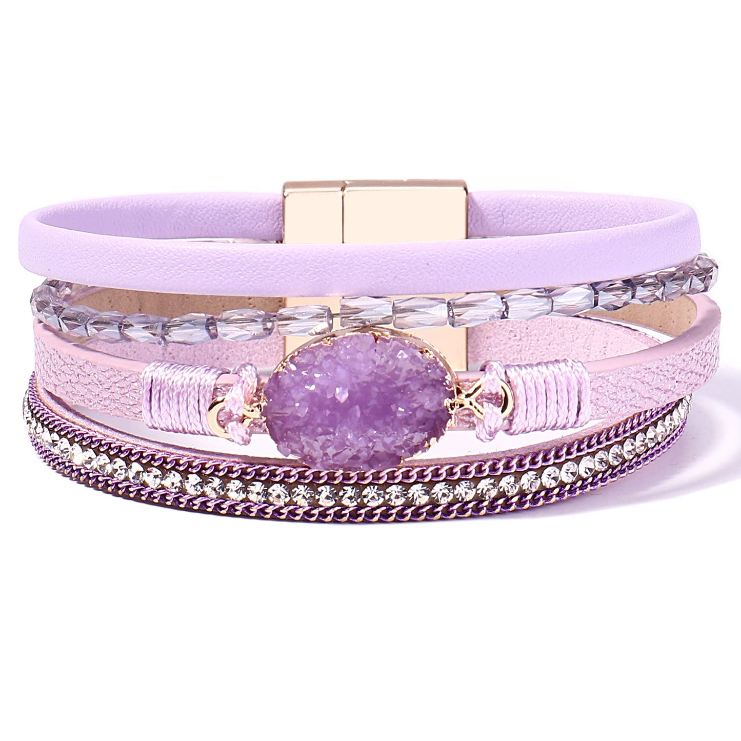FANCY SHINY Boho Leather Wrap Bracelet Stackable Chunky Crystal Cuff Bracelets with Magnetic Clasp Cowboy Cowgirl Western Summer Beach Outfits Jewelry Gifts for Women (7.7", Purple)