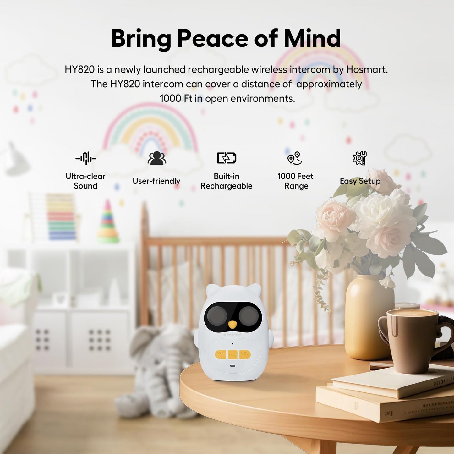 H HOSMART Audio Baby Monitor with Rechargeable Battery, 1000 Ft Range, Wireless Intercom Baby Monitor with Two-Way Talk and Clear Sound, HY820-2Packs-US