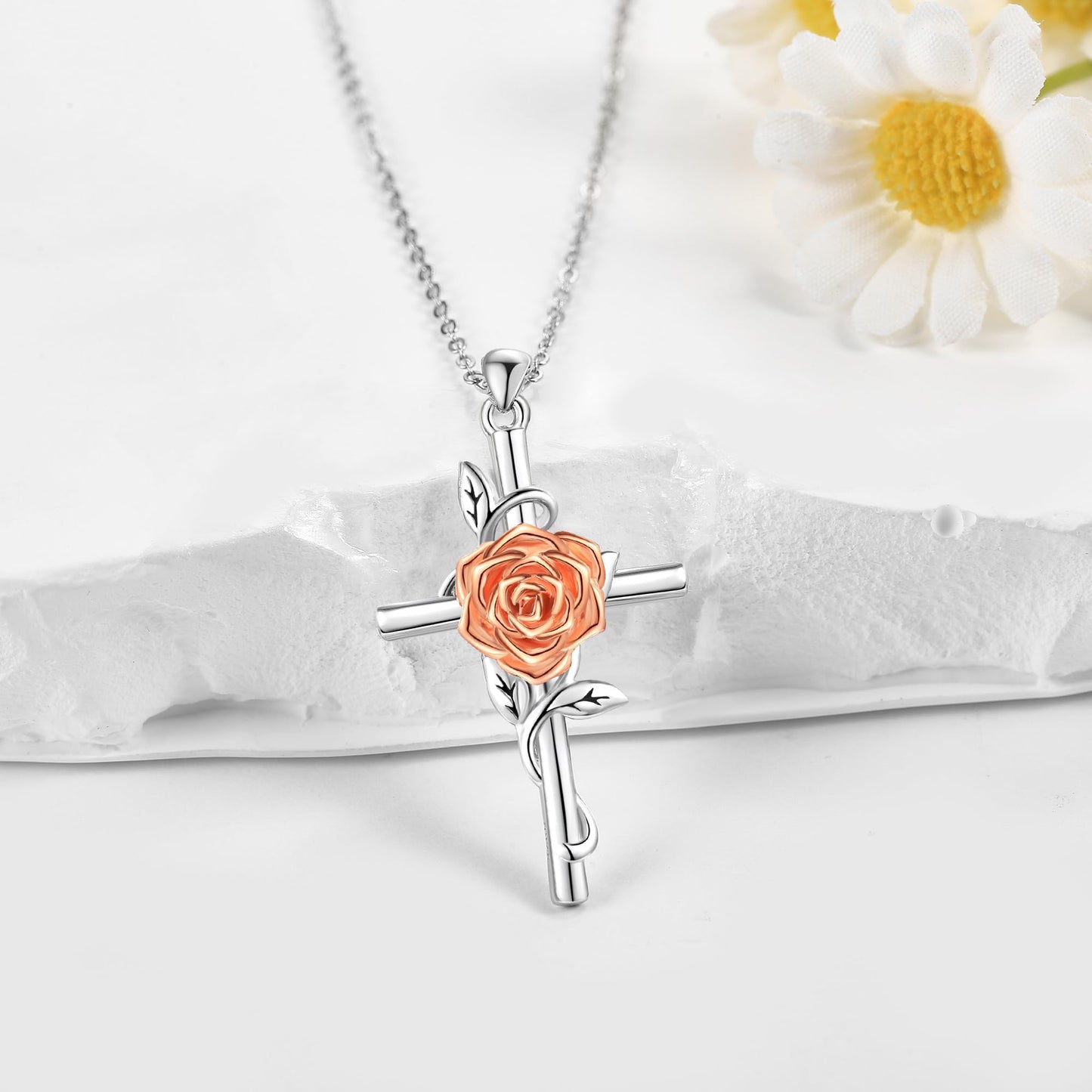 Flower Cross Necklace 925 Sterling Silver Rose Cross Necklace Birth Flower Jewelry for Women