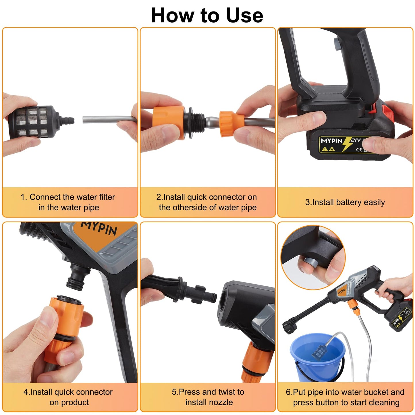 Portable Cordless Pressure Washer, 600 PSI with 21V 2 Rechargeable 2.0Ah Powered Pressure Washer, 6-in-1 Nozzle with 2 Batteries for Car/Fence/Garden/Floor/Yards Cleaning
