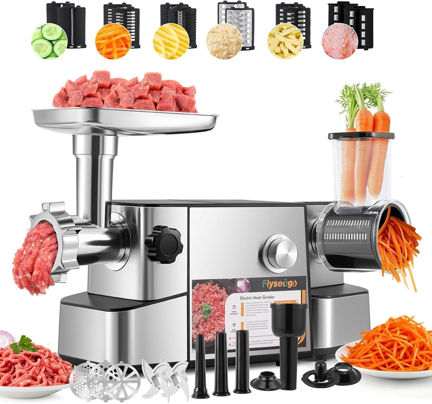 Flyseago Meat Grinder Electric 3200w High Capacity Storage Commercial Heavy Duty Meat Grinder, Veggie Slicer, Ice Cutter, Cheese Grater, Sausage Stuffers, Kubbe Kit for Home Use & Commercial