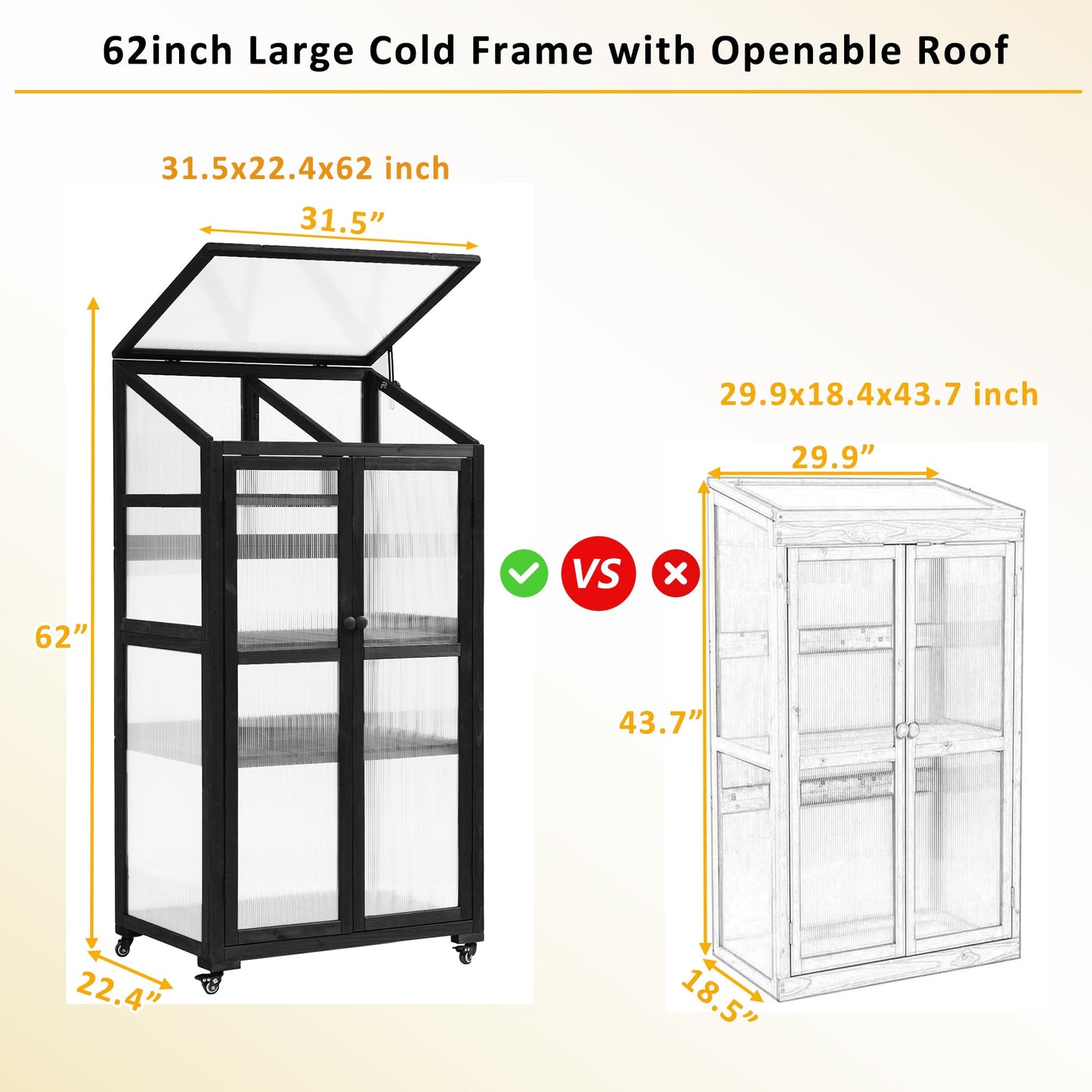 Merax Mini Greenhouse for Outdoors / Indoors, 62 inch Height Portable Wood Cold Frame with Wheels and Adjustable Shelves, Black