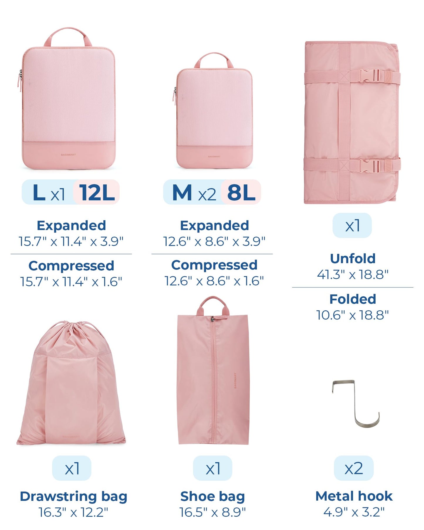 BAGSMART Hanging Compression Packing Cubes for Closet Organizers And Storage, 6 Set Suitcase Organizer Bags Set, Cruise Travel Essentials for Women, Baby Pink