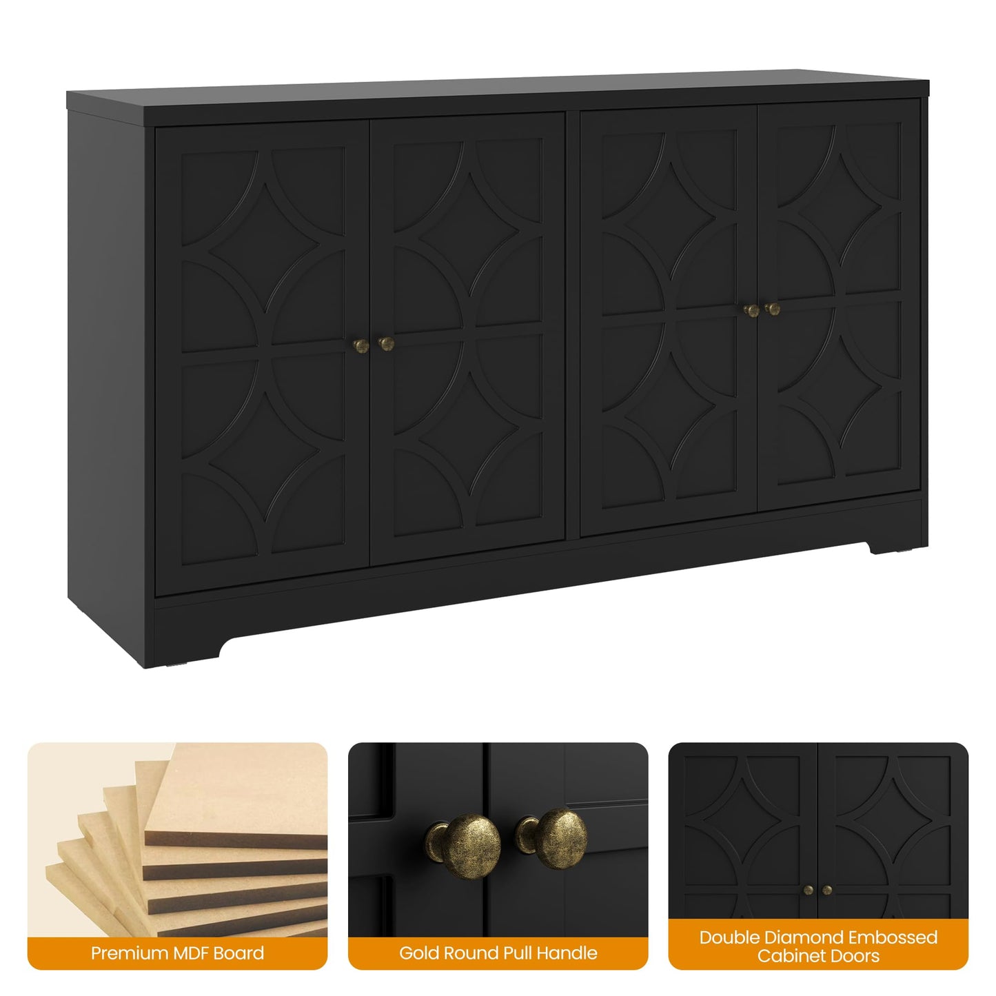FansaFurn Sideboard Buffet with 4 Doors, Mid-Century Sideboard Cabinet with Adjustable Shelves, Accent Cabinet for Entryway, Living Room, Dining Room, Black
