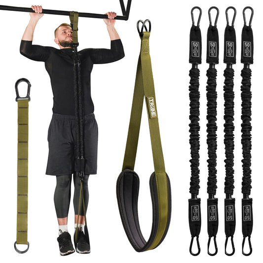 Pull Up Assistance Bands Set - 4 Heavy-Duty Pull Up Bands, Height Adjustable Strap & Comfortable Foot Strap - Stackable Pull Up Resistance Bands for Pull Ups (Military Green)