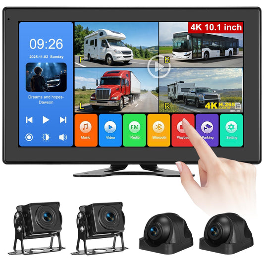 Venluna RV Backup Camera System - 10.1 Inch 4K Touchable 4 CH Monitor, 1080P IP69 Waterproof Wired Camera, DVR Loop Recording Bluetooth for Semi Truck Trailer Camper Pickup Bus