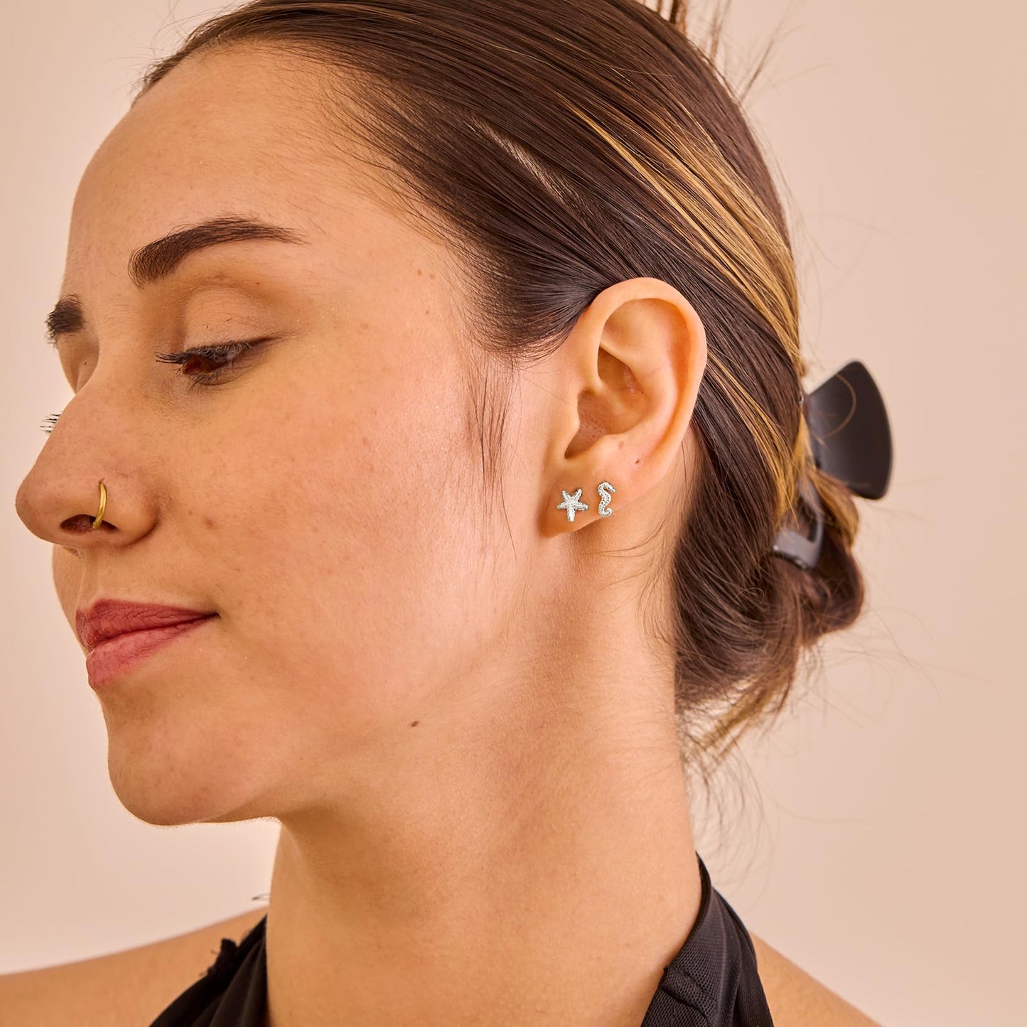 Plenky Gold Earrings for Women - 2 Pairs 14K Silver Plated Small Starfish and Seahorse Stud Earrings Set Beachy Jewelry for Women Gifts