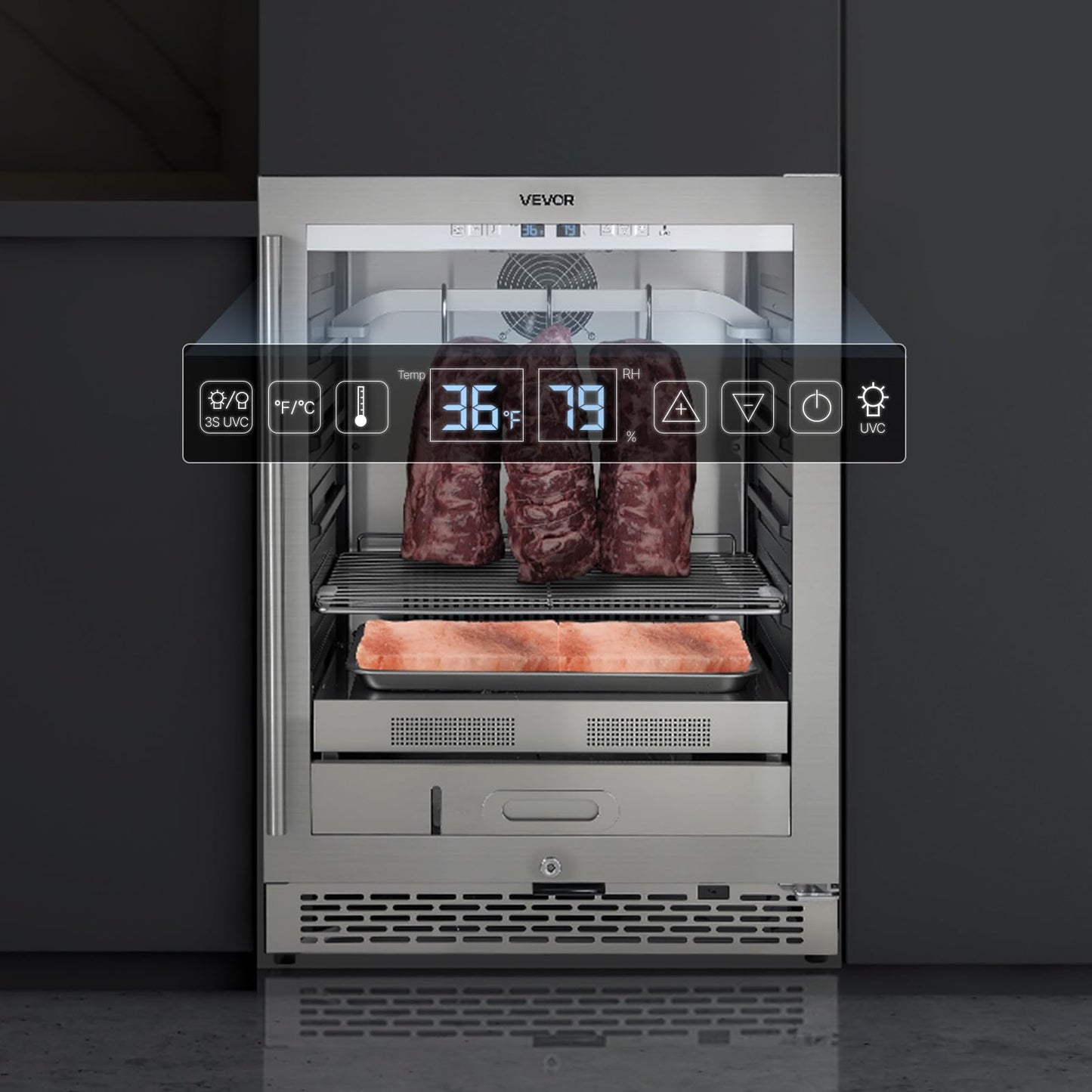 VEVOR 99 LBS Dry Aging Fridge for Steaks, Dry Ager Refrigerator for Meat with Precise Temperature & Humidity Control, Freestanding & Under Counter Beef Aging Machine, Himalayan Salt Not Included