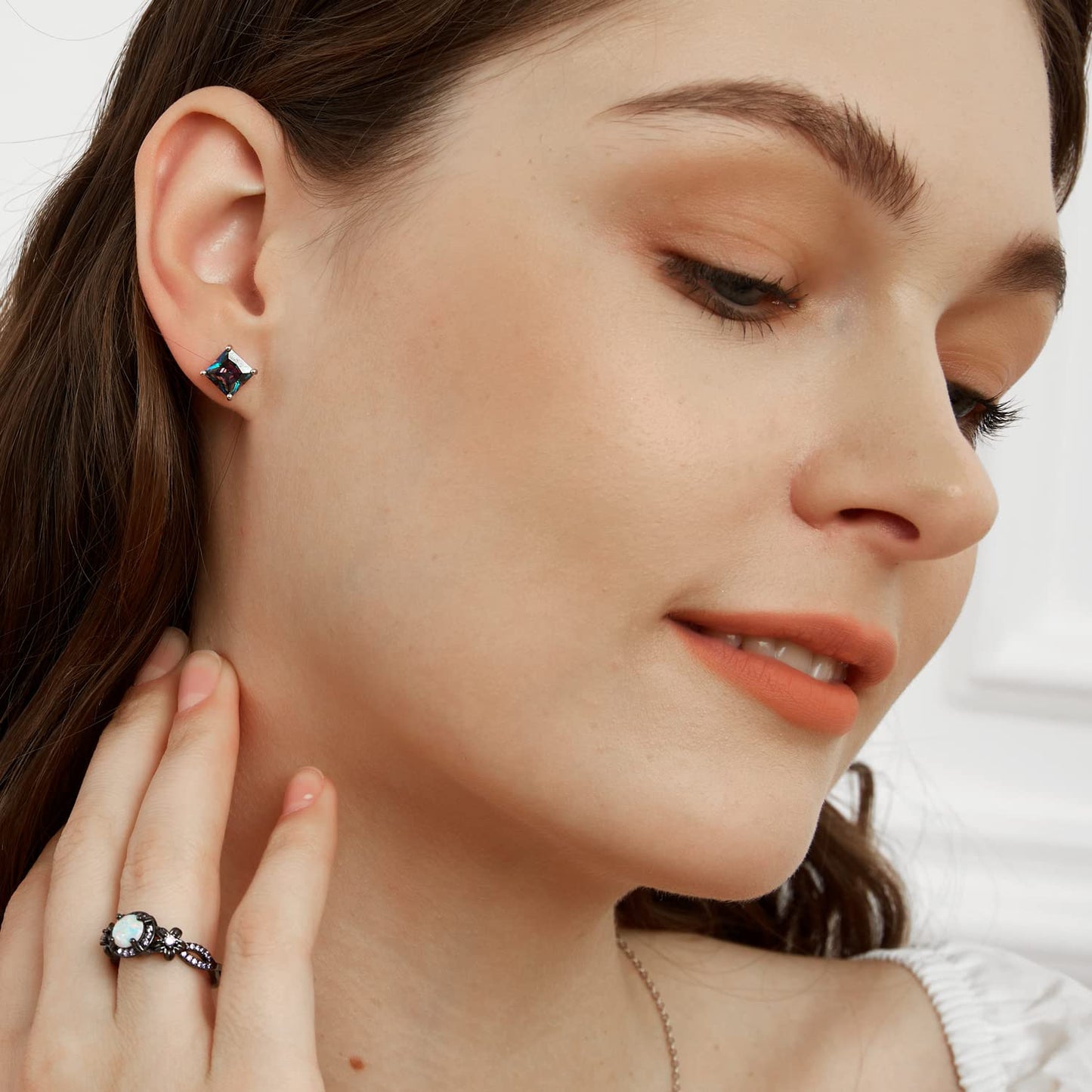 Mens Earrings 18K White Gold Plated Rainbow Quartz CZ 6mm Square Ear Pierced Gemstone Vintage Sparkle Studs Earings for Women Hypoallergenic Jewelry Birthday Valentines Gifts