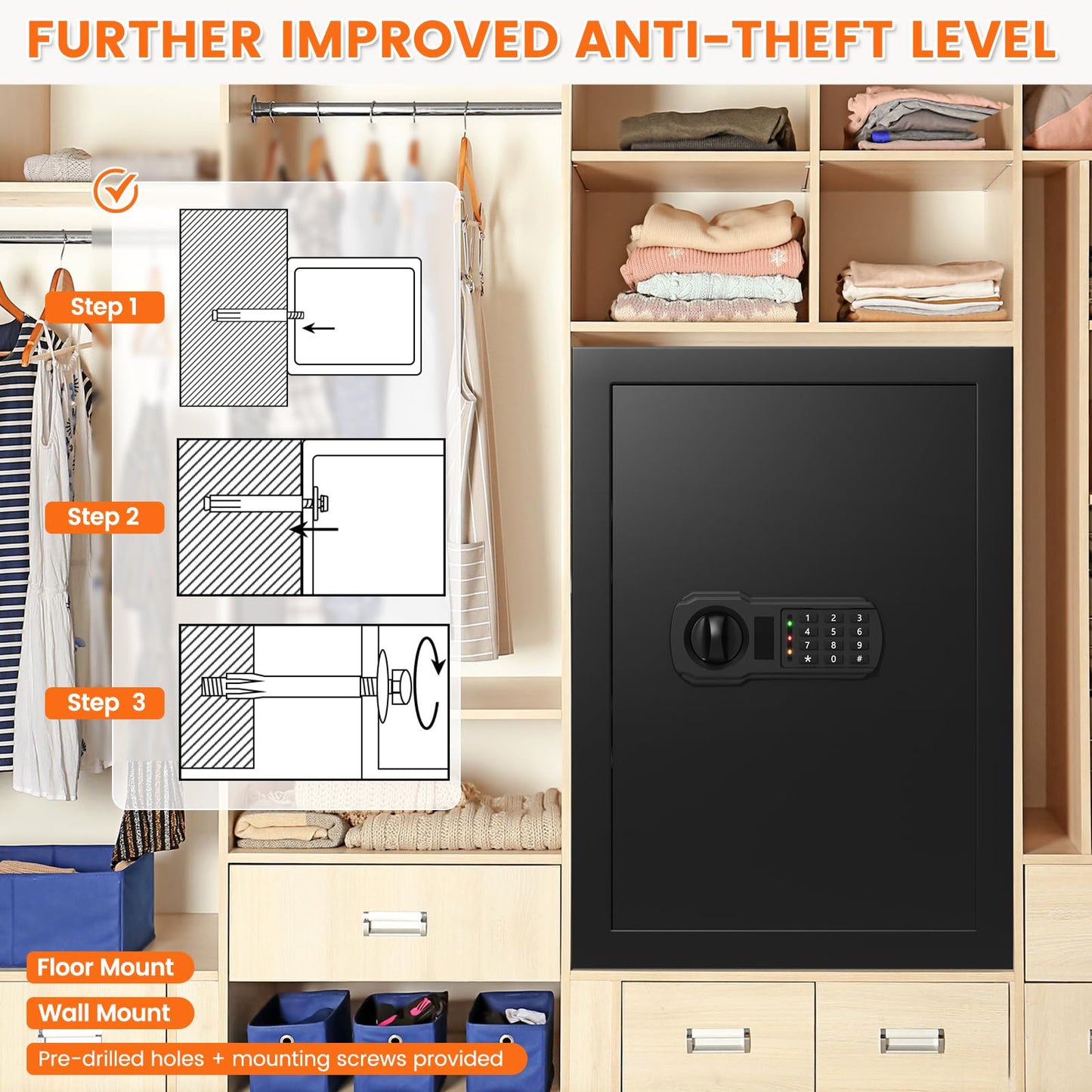 21.65"H Large Safe Box for Home, 5.0 cu ft Anti-Theft Safe with A4 Fireproof Bag, Steel Security Safe with Keypad Lock, Backup Keys, External Power Supply Box, Document Safe for Cash Medicine Document