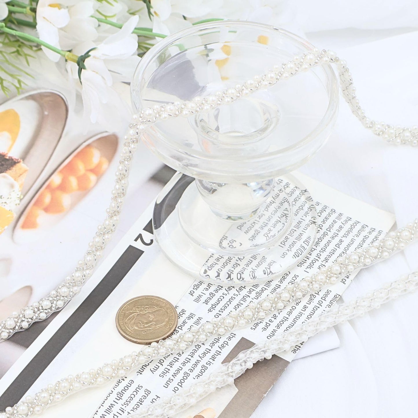 Bijou Joon 5 Yards White Pearl Trim Beaded Trim Beaded Lace Ribbon Edge Border Fabric Bridal DIY for Craft Wedding Dress Embellishments Women Vake Decoration