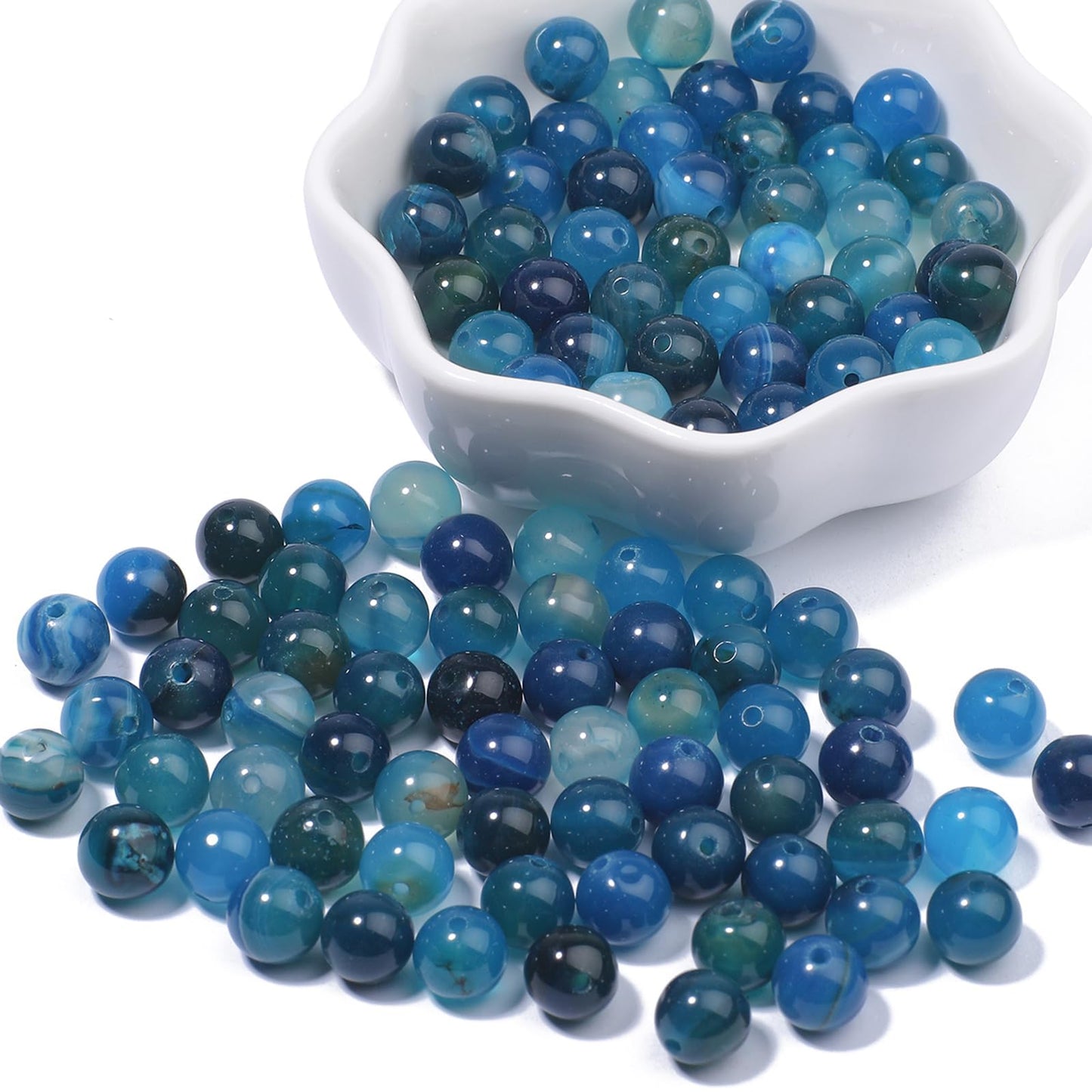 NITOPUPU 100Pcs 10mm Natural Smooth Blue Striped Agate Beads Round Loose Gemstone Stone Beads for Jewerly Making with Crystal Stretch Cord