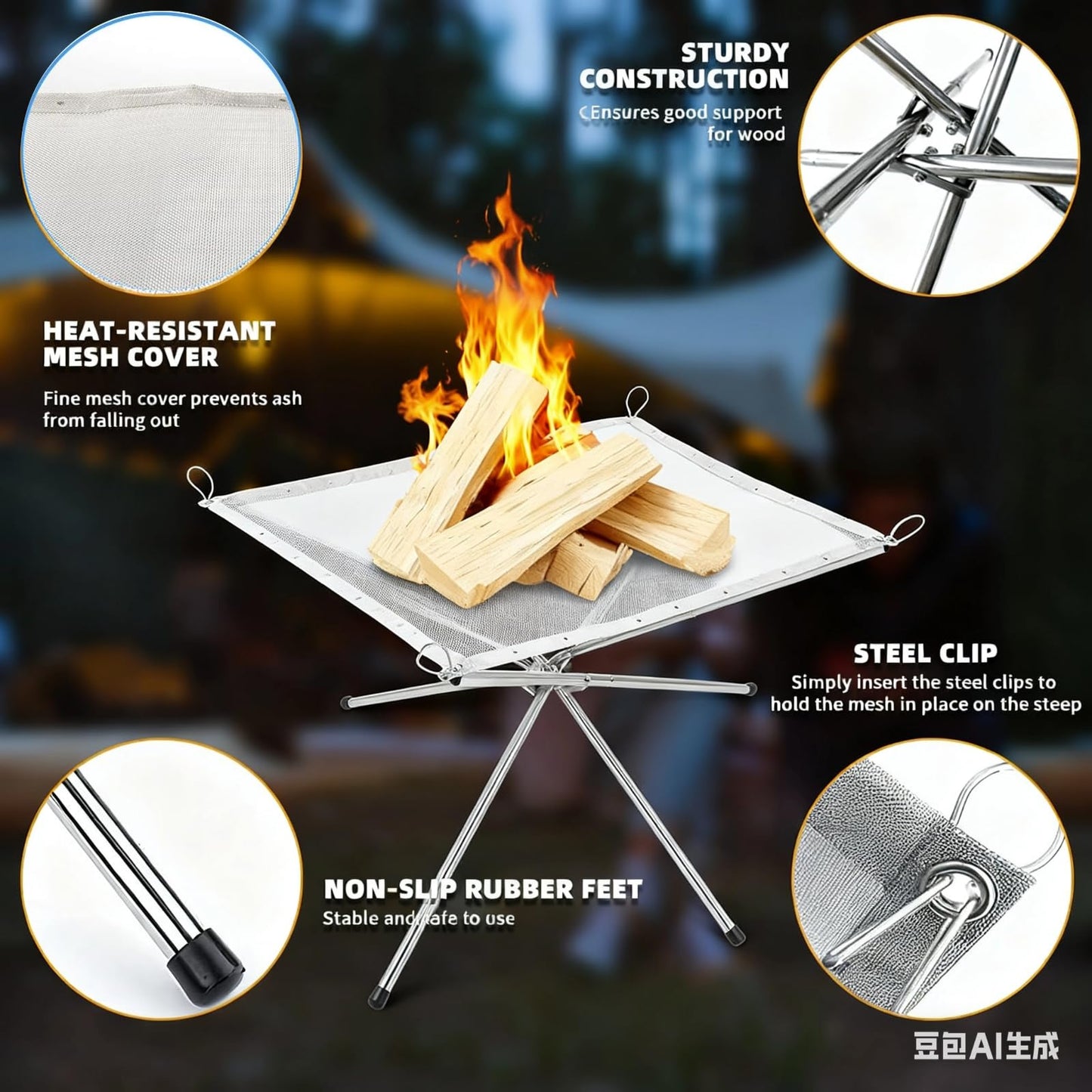 Portable Fire Pit for Camping,22 inch Outdoor Folding Fireplace with Heat Resistant Firepit Mat & Carrying Bag,Upgrade 304 Stainless Steel Mesh BBQ Fire Bowl for Picnics,Campfire,Backyard,Garden