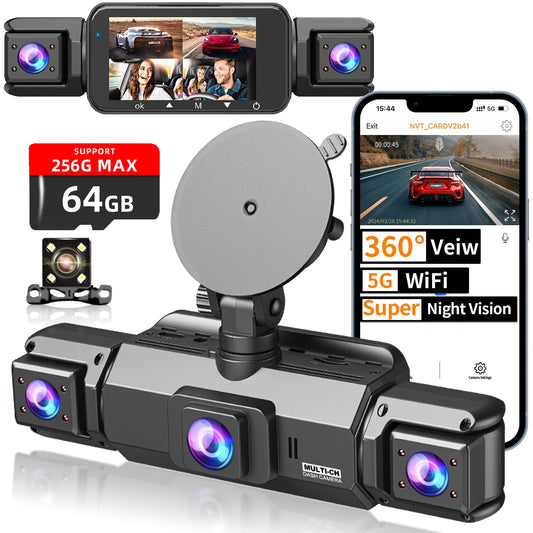 4 Channel Dash Cam Front and Rear Cabin, 360° Dash Camera ，Night Vision 8 IR Lamps Dash Camera for Cars, 5G WiFi for Download, G-Sensor, 24H/7 Parking Mode with 64GB Card,Support 256 GB Max