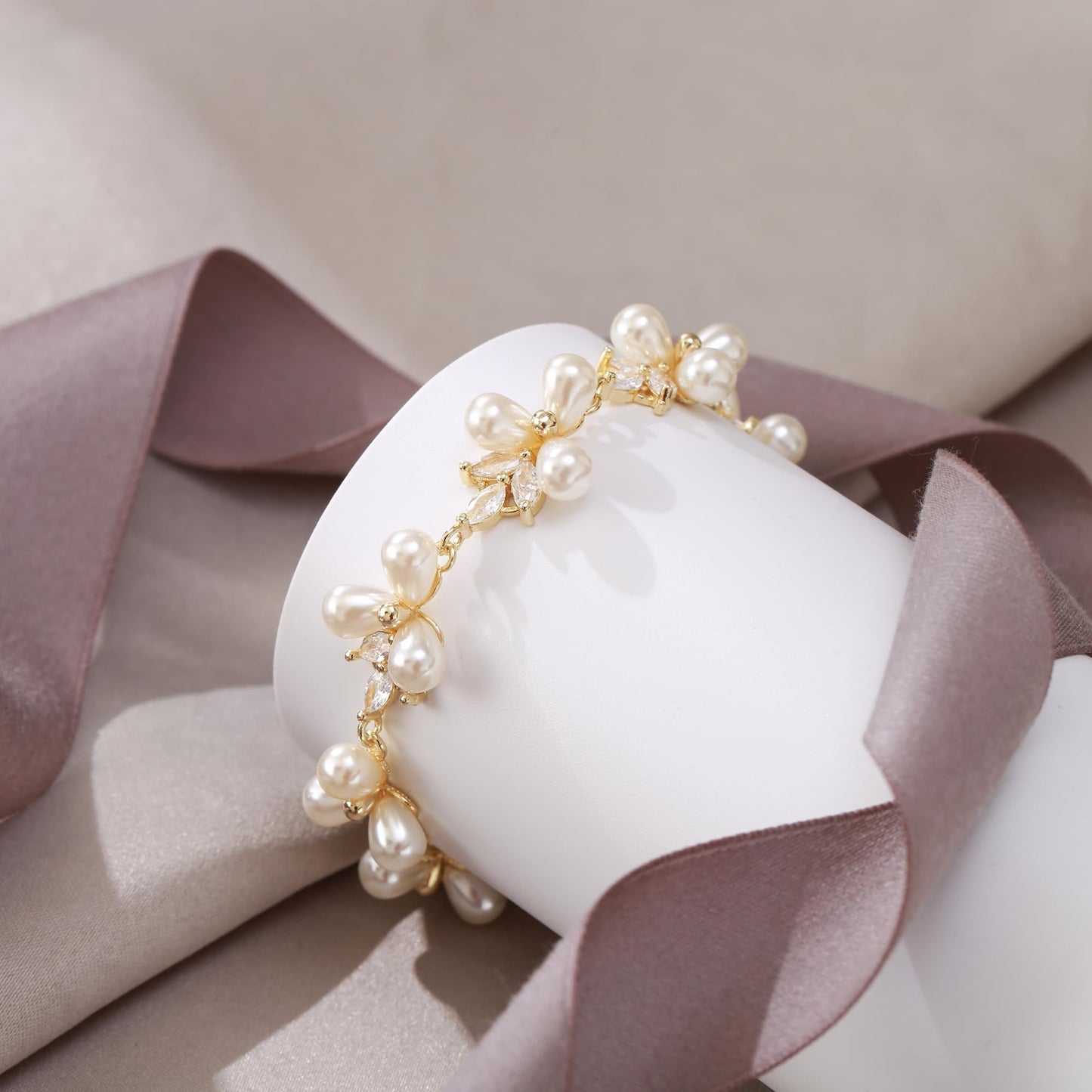 EVER FAITH Wedding Jewelry for Bride Marquise Cubic Zirconia Cream Faux Pearl Floral Leaf Bridal Prom Tennis Bracelet for Women Clear Gold-Plated-Brass