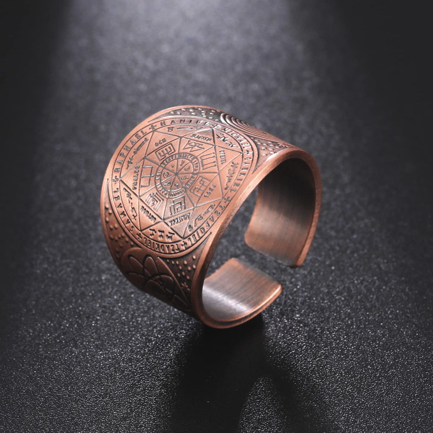 Amaxer Seven Archangels Ring for Men Copper The Seal Of Solomon Tetragrammaton Archangels Protection Ring Statement Band for Men Women (18mm-dark pink)