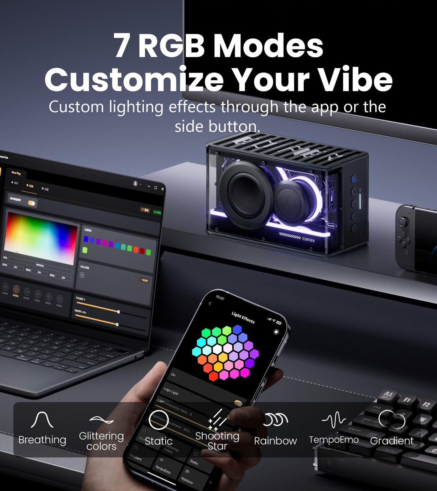 Edifier QD25 Bluetooth Speaker | Portable Desktop Audio, 25W (RMS) Dynamic Sound, Hi-Res Audio, Splendid Light Effects, 15H Playtime, Bluetooth 6.0, Wireless Stereo Pairing, Black