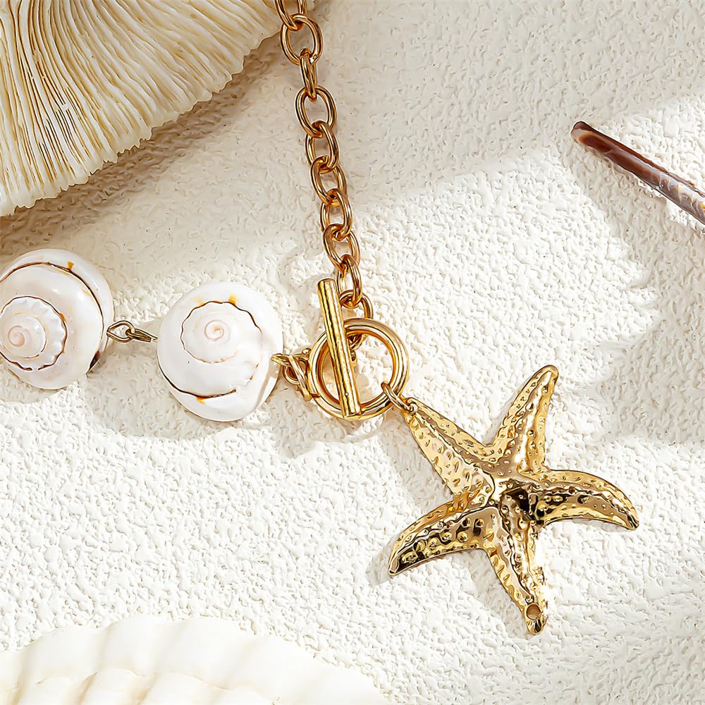 Gold Plated Starfish White Conch Imitation Pearl Charm Choker Pendant Necklace for Women Cute Seaside Beach Necklaces Toggle Clasp Hypoallergenic Fashion Trendy Summer Jewelry 16"