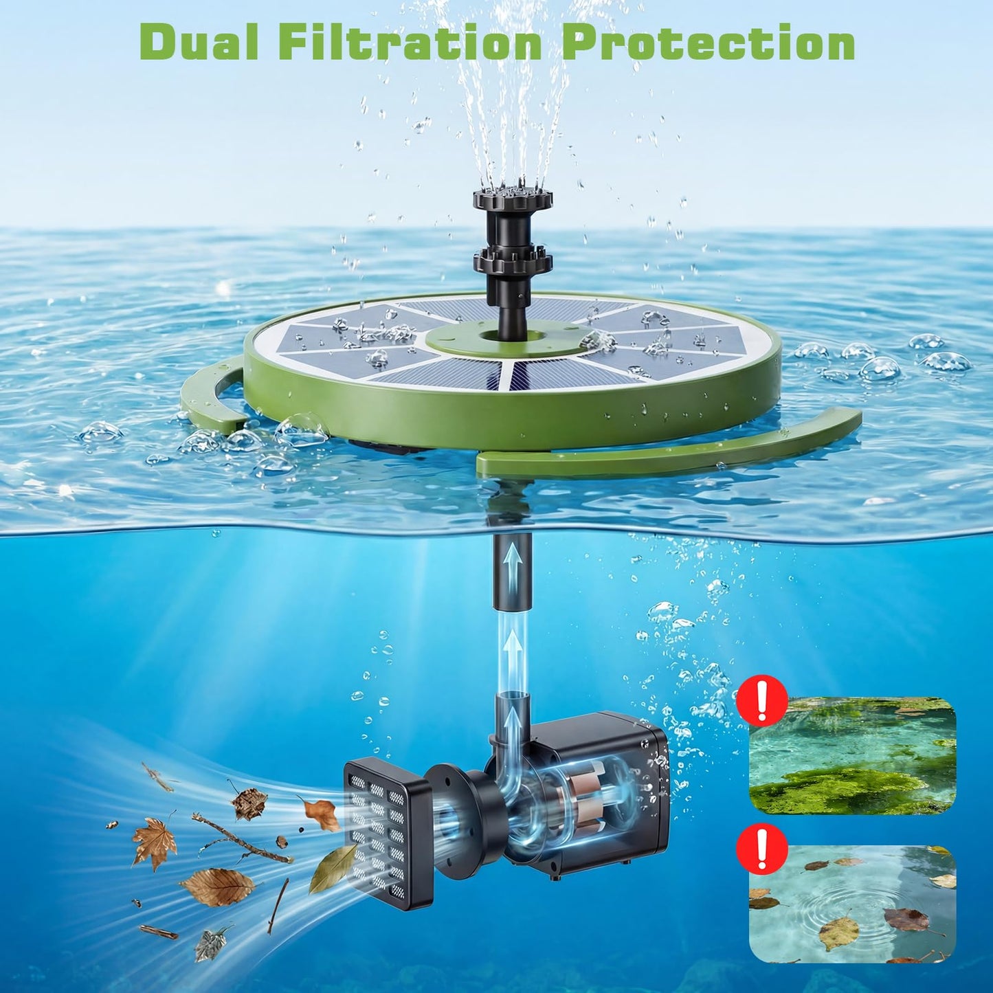 AISITIN 3.5W Solar Bird Bath Fountain with Built-in 1800mAh Battery, Solar Water Pump with 8 Nozzles, Solar Powered Floating Fountain for Outdoor Garden, Birdbath, Pond, Pool, Fish Tank - Dark Green
