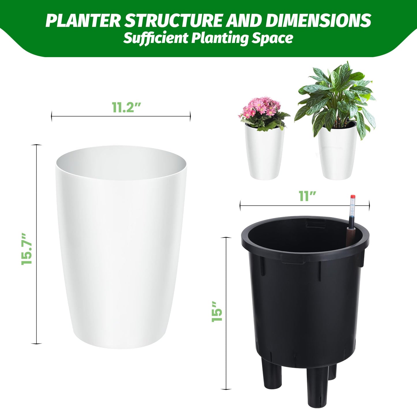 Garvee Tall Planters for Outdoor Plants, 16 in Large Planters Set of 2, Outdoor & Indoor Planters with Water Level Monitor ＆ Inner Bucket, Automatic Watering, for Porch, Patio, Backyard, White