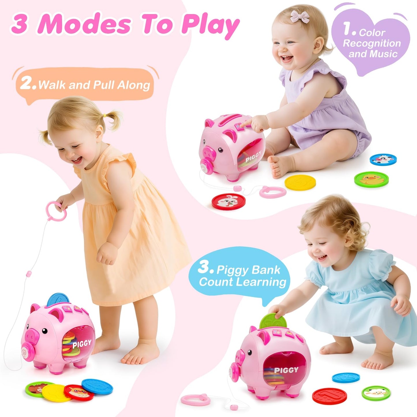 Musical Piggy Toys for 1 Year Old Girl Gift, Piggy Bank with Educational Number, Color, Animal Coin for Baby Interactive Toy 6-12-18 Month, Christmas 1st Birthday for 7 8 9 10 Month Old Girl Boy