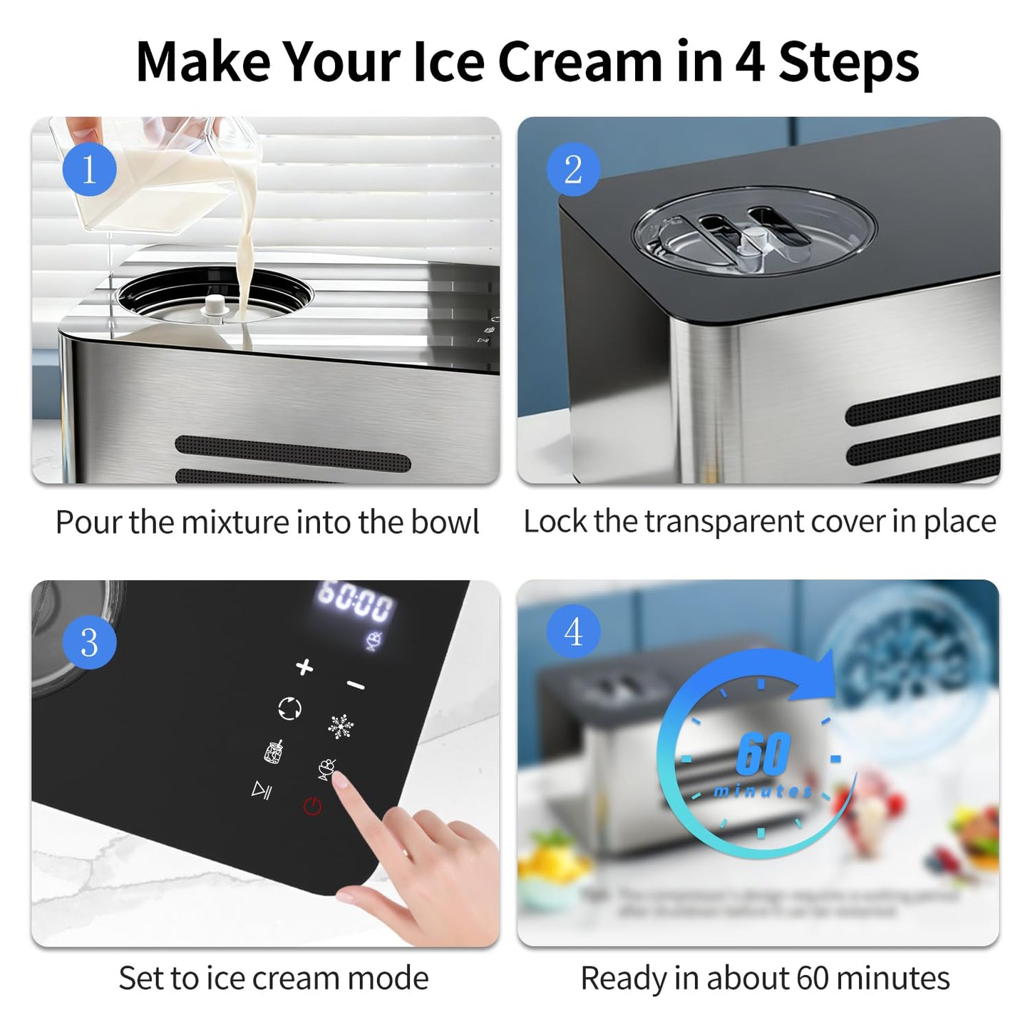 Ice Cream Maker Machine with Compressor: 2.1 Quart Stainless Steel Yogurt Maker - No Pre-Freeze Ice Cream Machine with LCD Display & Timer